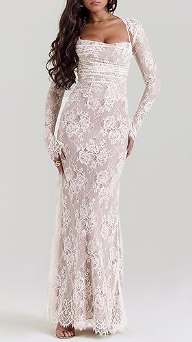 Women Vintage Cream Lace Maxi Dress Romantic Long Sleevees Lace Bodycon Dress