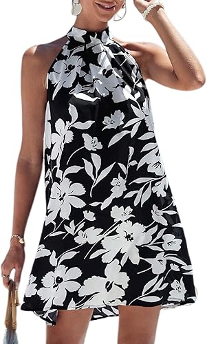 Floerns Women's Sleeveless Floral Print Sundress Halter Neck A Line Short Dress