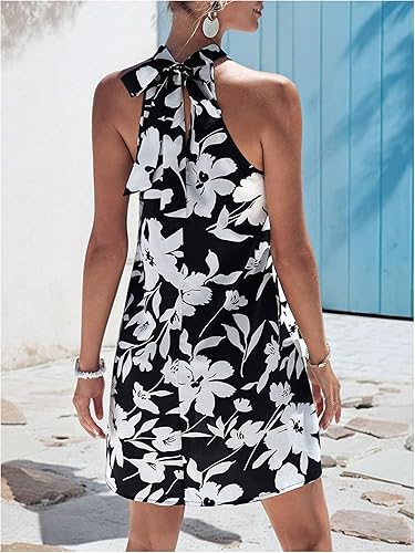 Floerns Women's Sleeveless Floral Print Sundress Halter Neck A Line Short Dress